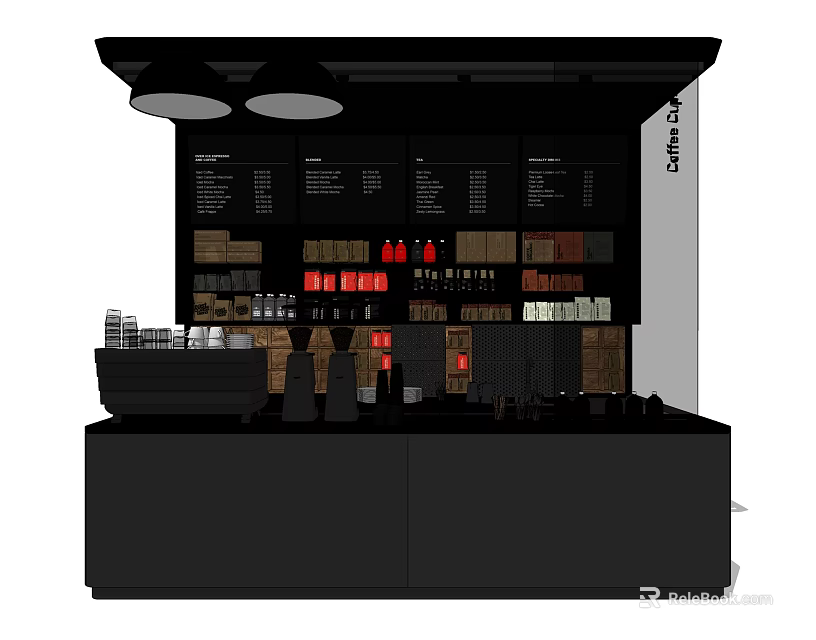 Black Starbucks Functional Display Table with Coffee Items Shelves and Spotlights 3d model