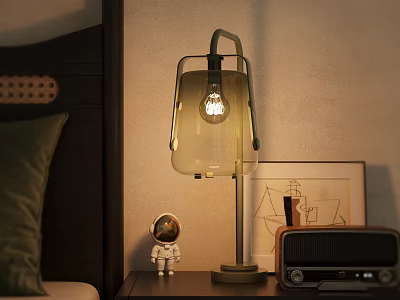 Modern Glass Table Lamp on Bedroom Nightstand with Astronaut Figurine and Radio 3d model