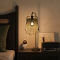 Modern Glass Table Lamp on Bedroom Nightstand with Astronaut Figurine and Radio