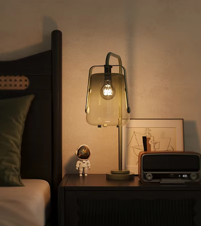 Modern Glass Table Lamp on Bedroom Nightstand with Astronaut Figurine and Radio 3d model