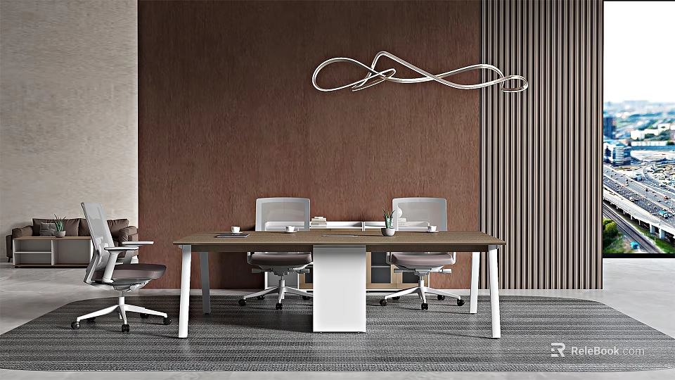 Modern Conference Room Interior Design With Long Table Chairs Brown Wall And Striped Carpet 3d model 