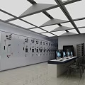 Modern Control Room With White Cabinets Geometric Ceiling Panels Console Table Computers And Chairs 3d model