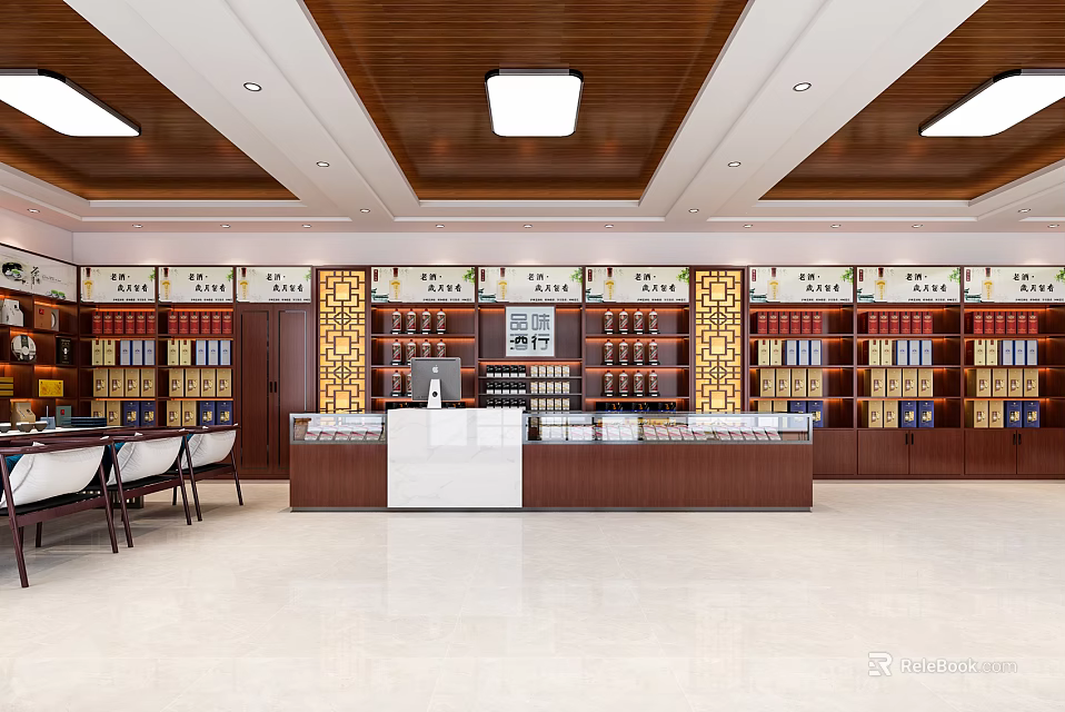 Modern Liquor Store Interior With Shelves Displaying Alcohol Bottles And Service Counter 3d model 