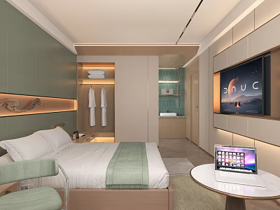 Modern Hotel Room Interior Featuring Comfortable Bed Green Bedspread Chair Table Laptop And TV 3d model