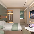 Modern Hotel Room Interior Featuring Comfortable Bed Green Bedspread Chair Table Laptop And TV