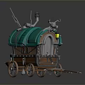 Wooden Carriage With Green Canopy Decorative Top Elements Door Window And Wheels