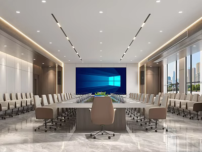 Spacious Modern Conference Room Interior With Long Table Large Screen And Chairs 3d model