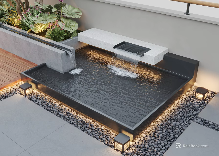 Outdoor Decorative Water Fountain With Paved Area Pebbles Lighting And Plants 3d model 
