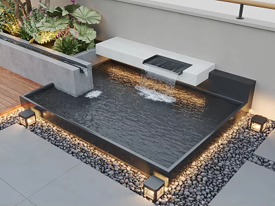 Outdoor Decorative Water Fountain With Paved Area Pebbles Lighting And Plants 3d model