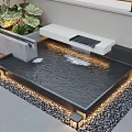 Outdoor Decorative Water Fountain With Paved Area Pebbles Lighting And Plants