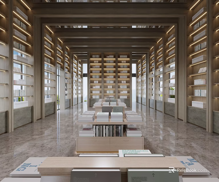 Spacious Modern Book Art Library With Tall Bookshelves Long Tables And Natural Light 3d model 