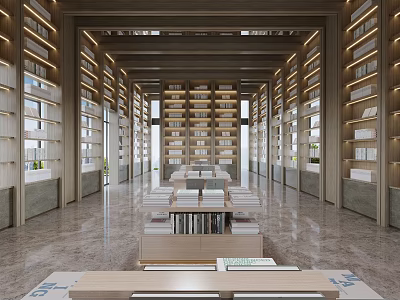 Spacious Modern Book Art Library With Tall Bookshelves Long Tables And Natural Light 3d model