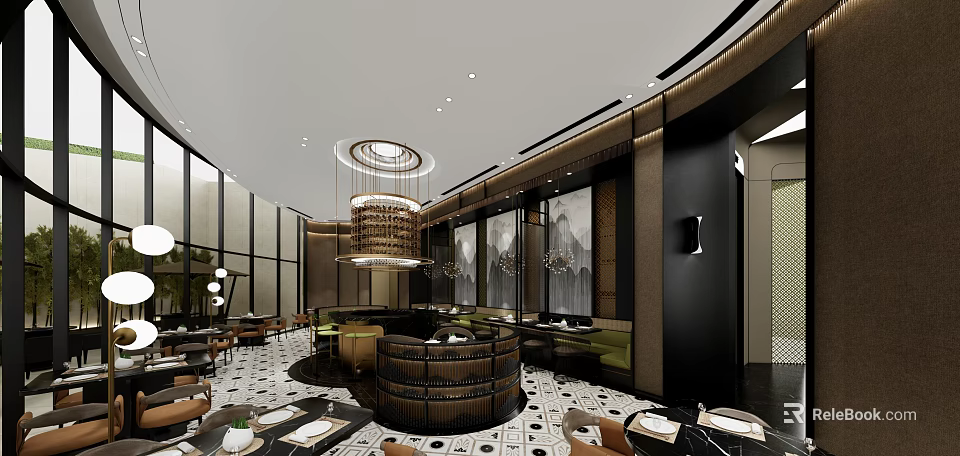 Modern Hotpot Restaurant Interior With Wooden Tables Pendant Lights And Open Seating Area 3d model 