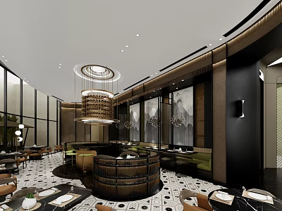 Modern Hotpot Restaurant Interior With Wooden Tables Pendant Lights And Open Seating Area 3d model