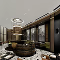 Modern Hotpot Restaurant Interior With Wooden Tables Pendant Lights And Open Seating Area