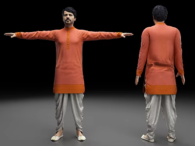 Orange Traditional Outfit Front and Back Views of Male Clothing 3d model