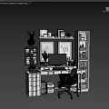 Modern Home Office Desk Chair Setup With Computer Monitor Framed Art And Bookshelf