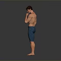 Shirtless Man Standing Full Body in Blue Denim Shorts and Barefoot