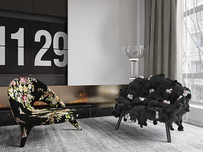 Two Stylish Accent Chairs Floral Pattern And Black Pom Pom Design In Modern Living Space 3d model