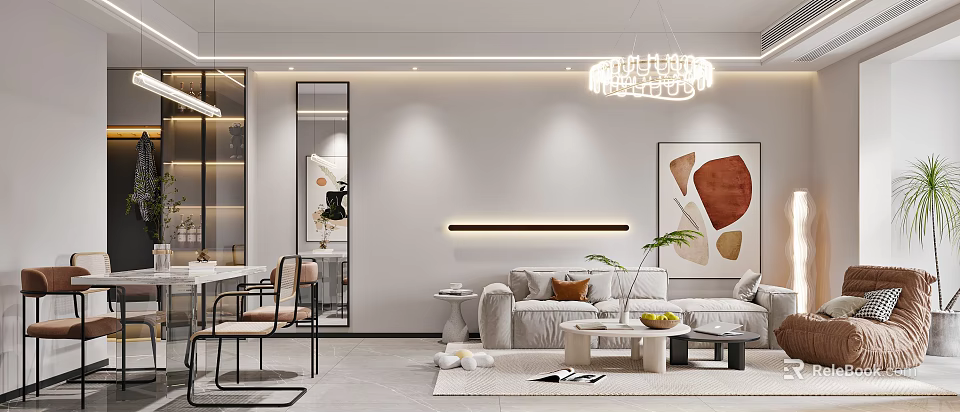 Modern Living Dining Room Interior With Beige Sofa Coffee Table Dining Chairs And Wall Art 3d model 