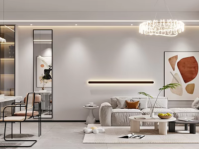 Modern Living Dining Room Interior With Beige Sofa Coffee Table Dining Chairs And Wall Art 3d model