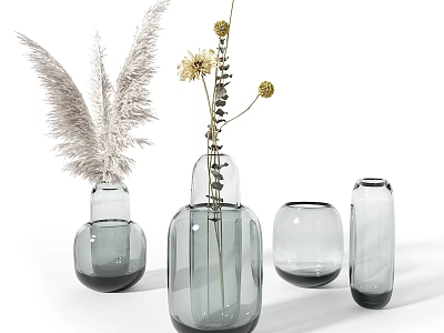 Decorative Ornament Set With Various Shaped Glass Vases Feather And Dried Flowers 3d model
