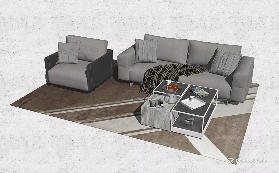 Modern Grey Sofa Coffee Table Set With Cushions Throw Blanket And Geometric Pattern Rug 3d model