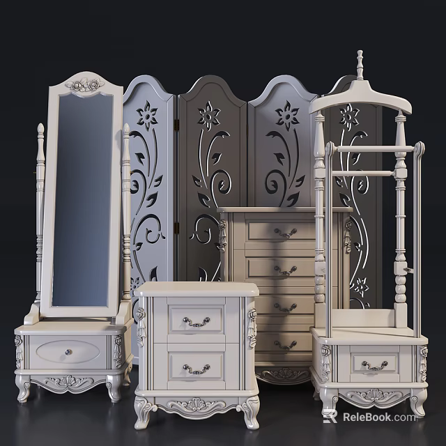 Antique White Nightstand With Carved Drawers And Matching Bedroom Furniture Set 3d model 