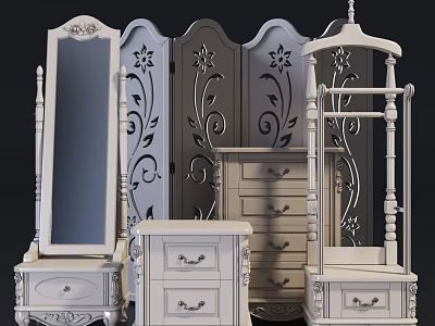 Antique White Nightstand With Carved Drawers And Matching Bedroom Furniture Set 3d model