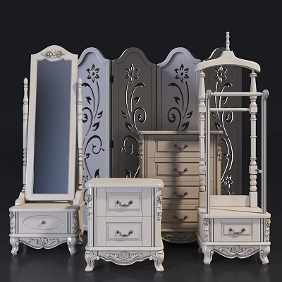 Antique White Nightstand With Carved Drawers And Matching Bedroom Furniture Set 3d model