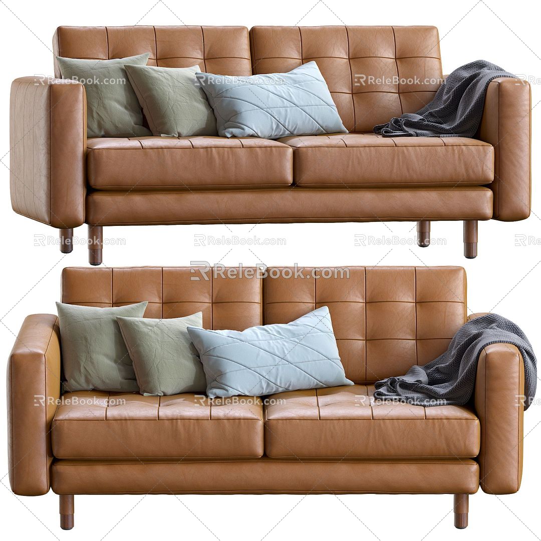 Brown leather simple two-seat sofa 3d model