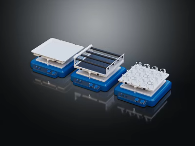 Three Lab Mixers With Blue Base And Various Top Plate Designs For Lab Applications 3d model