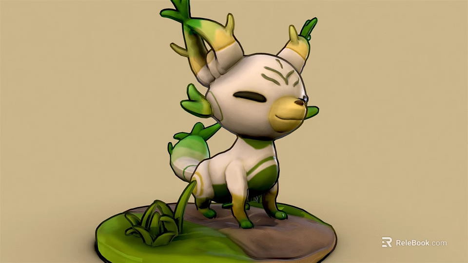 Cute White Green Creature with Leafy Ears and Tail Standing on Grass Covered Base 3d model 