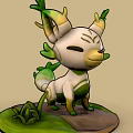 Cute White Green Creature with Leafy Ears and Tail Standing on Grass Covered Base