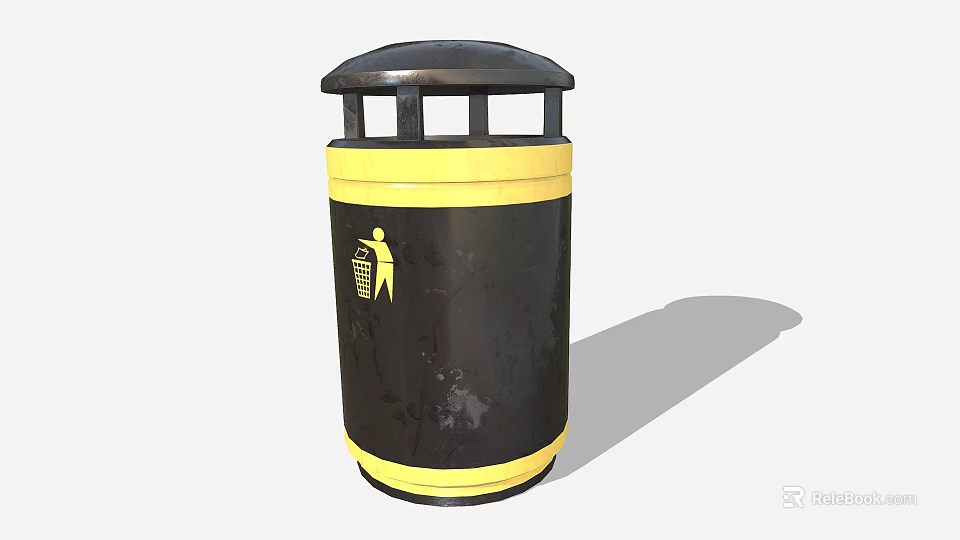 Black And Yellow Public Trash Bin With Lid And Side Icon Design 3d model 
