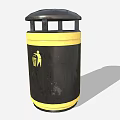 Black And Yellow Public Trash Bin With Lid And Side Icon Design