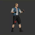Blonde Man Wearing Sunglasses Blue Vest Gray Shirt And Black Shorts Standing