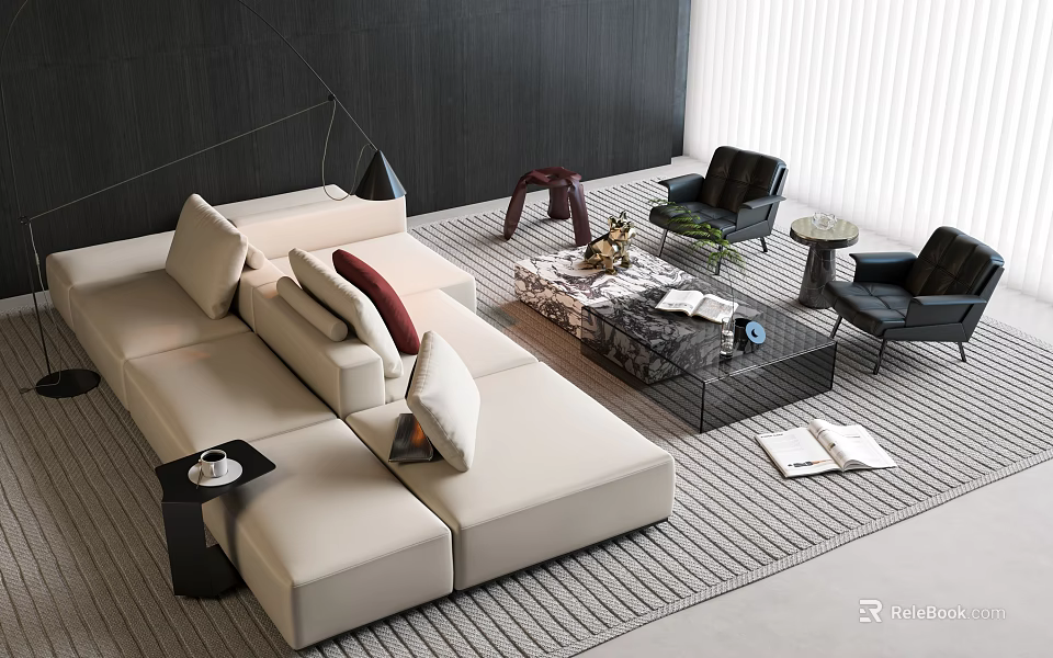 Modern Beige Modular Sofa and Coffee Table Set With Marble Top and Area Rug 3d model 