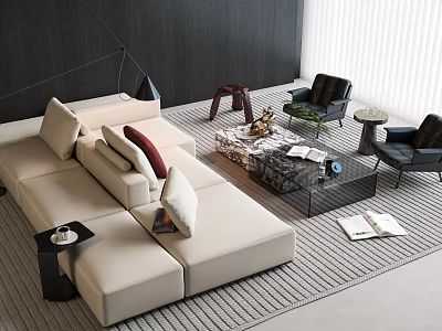 Modern Beige Modular Sofa and Coffee Table Set With Marble Top and Area Rug 3d model