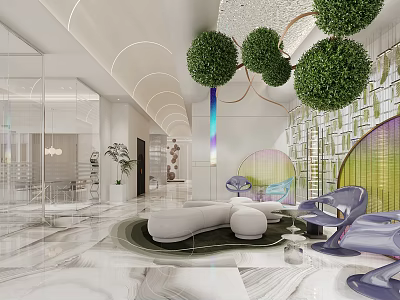 Modern Lounge Area Interior Design With Curved Sofa Accent Chairs And Hanging Greenery 3d model