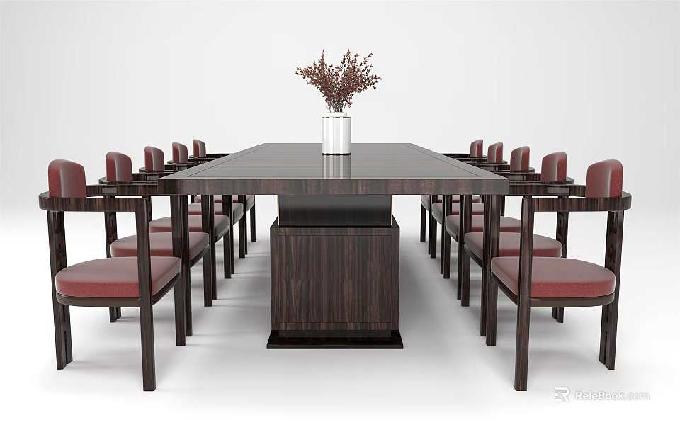 Modern Wooden Conference Table With Red Leather Chairs And Flower Vase Centerpiece 3d model 