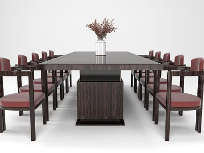 Modern Wooden Conference Table With Red Leather Chairs And Flower Vase Centerpiece 3d model