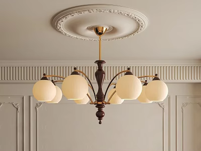 Elegant Classic Chandelier With White Lampshades Dark Wood Base And Decorative Ceiling Rose 3d model