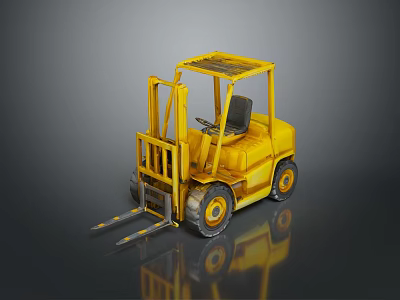 Detailed Yellow Forklift Model With Cab Forks Wheels And Reflective Surface 3d model