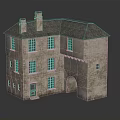 Historical Two Story Stone Building Model With Gray Roof Arched Entrance And Multiple Windows
