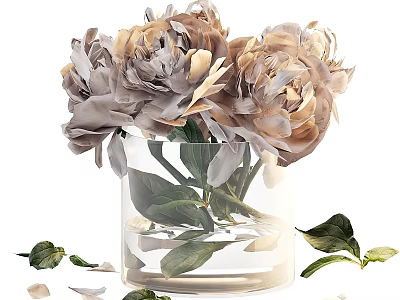 Modern Elegant Decorative Ornament Set With Glass Vase Beige Gray Peonies And Leaves 3d model