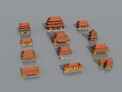 Traditional Chinese Ancient Architecture Models With Various Styles And Red Roofs 3d model