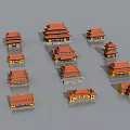 Traditional Chinese Ancient Architecture Models With Various Styles And Red Roofs