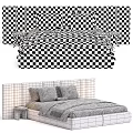 Modern Double Bed With Upholstered Headboard Striped Blanket And Wooden Side Tables
