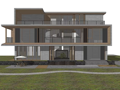 Modern Detached Villa Two Story Exterior Design With Balcony Courtyard And Floor to Ceiling Windows 3d model